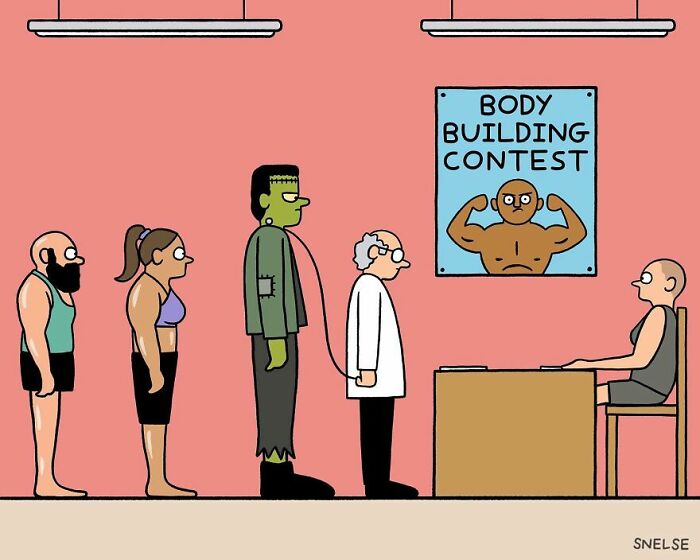 Illustration of a funny body building contest lineup featuring a Frankenstein character, showcasing humorous comic art style.
