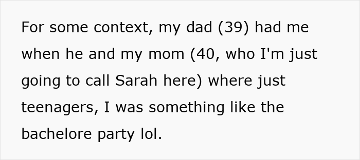 Text excerpt explaining daughter&rsquo;s context about dad and bio mom&rsquo;s reaction after honoring dad&rsquo;s bestie as mom at wedding.