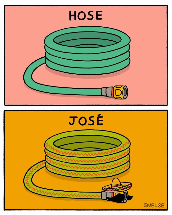 Illustration and comic showing a garden hose and a humorous version named José with a sombrero and mustache.