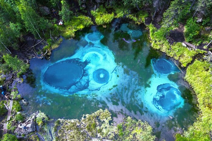 Aerial view of a natural blue spring surrounded by green forest, one of the places that look AI generated but are real.