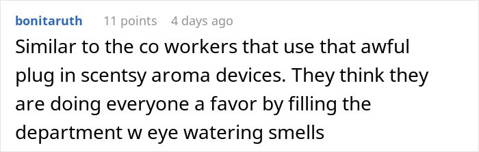 Comment about coworkers using scent devices, comparing to a man blasting Christmas music in the office causing frustration.