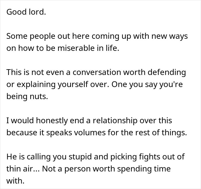 Text excerpt criticizing a man shaming his girlfriend for loving fiction and lowering her IQ, advising ending the relationship.