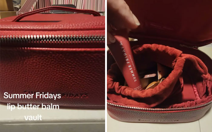 Red Summer Fridays lip butter balm vault shown open and closed as part of Christmas gift haul for daughter backlash.