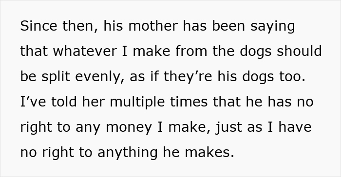 Text discussing an entitled mother insisting expenses should be split between son and girlfriend evenly. Text discussing an entitled mother insisting expenses should be split between son and girlfriend evenly.