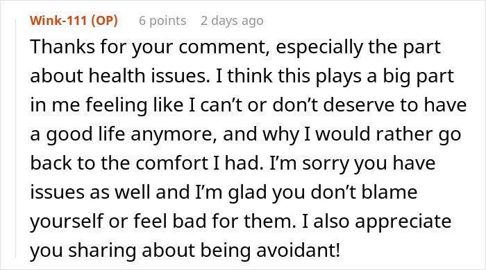 Commenter reflecting on health issues and regret, expressing feelings of undeserving a good life after divorce regret. Commenter reflecting on health issues and regret, expressing feelings of undeserving a good life after divorce regret.