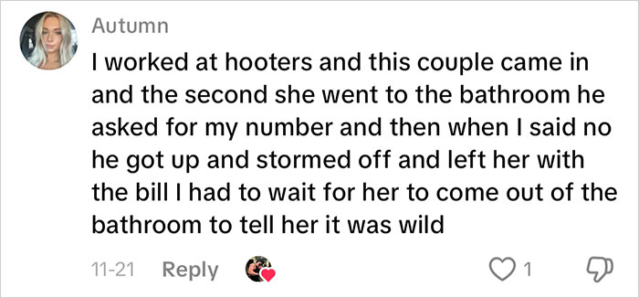 Comment describing a waiter serving a first date disaster where the man leaves the woman with the bill after a refused number request.