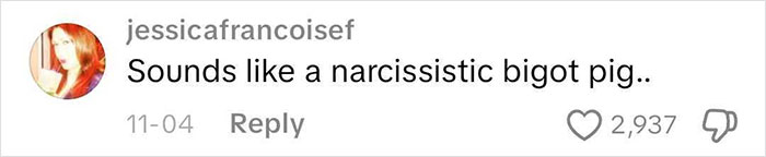 Comment on social media calling a person a narcissistic bigot pig, relating to Victorian boyfriend behavior discussions. Comment on social media calling a person a narcissistic bigot pig, relating to Victorian boyfriend behavior discussions.