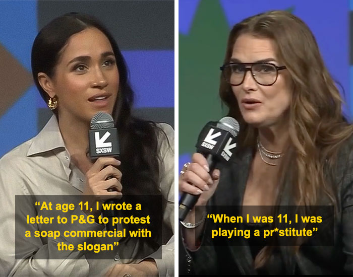 Two celebrities speaking at SXSW event, sharing shocking personal stories that sparked major celebrity scandals in 2025.