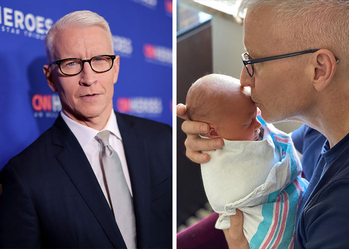 Anderson Cooper in a suit at an event, and tenderly holding and kissing a newborn baby wrapped in a blanket.