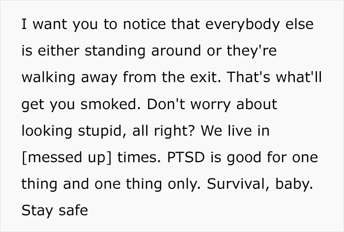 Text about noticing others walking away from exits and survival advice during mass shooting situations for safety awareness. Text about noticing others walking away from exits and survival advice during mass shooting situations for safety awareness.