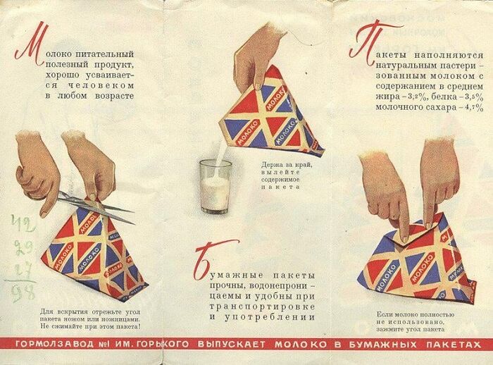 Vintage Soviet instructional image of people sharing historical facts about packaging and pouring milk from paper cartons.