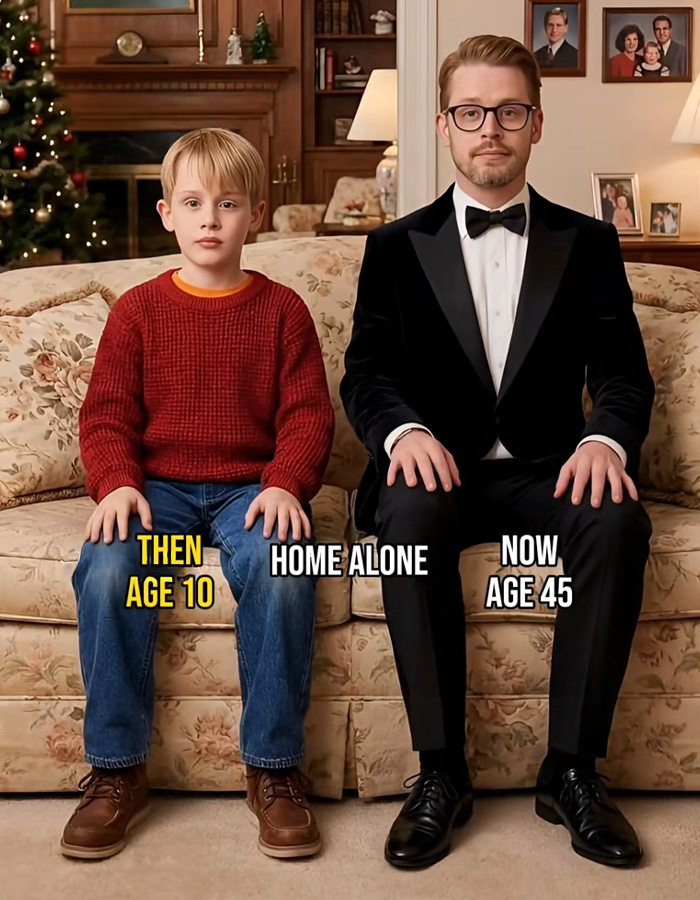 Side-by-side then and now Home Alone comparison showing a boy at age 10 and a man at age 45 on a couch.