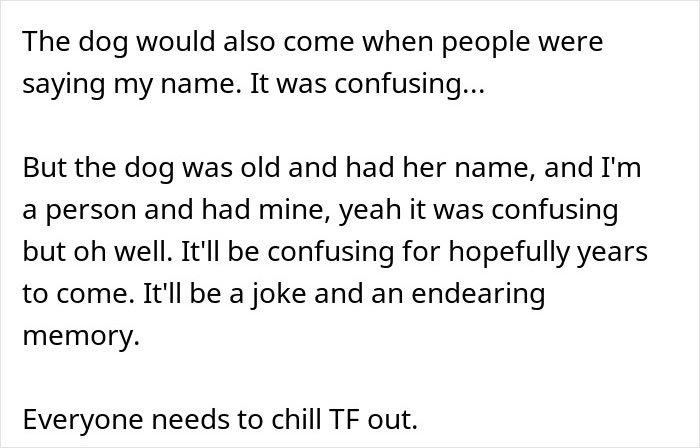 Text excerpt discussing confusion caused by a dog and an 11-year-old cat sharing names with family members. Text excerpt discussing confusion caused by a dog and an 11-year-old cat sharing names with family members.