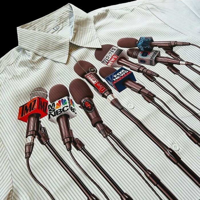 Shirt with printed microphones from media outlets creating a trippy picture that seems plucked from another reality.