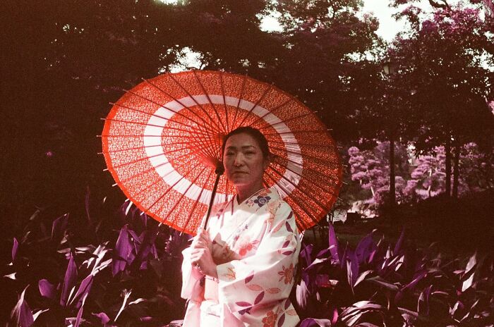 Woman in traditional clothing holding a decorative parasol standing among lush plants in a Hobby Lobby gift aisle-like setting.
