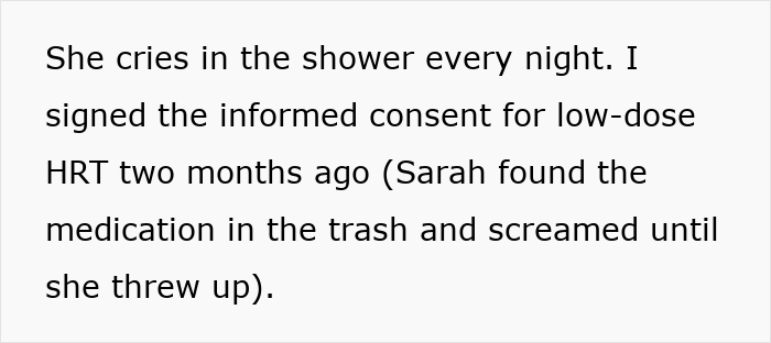 Text excerpt discussing family conflict as wife reacts to son coming out and husband feeling the family is imploding over transphobic issues.