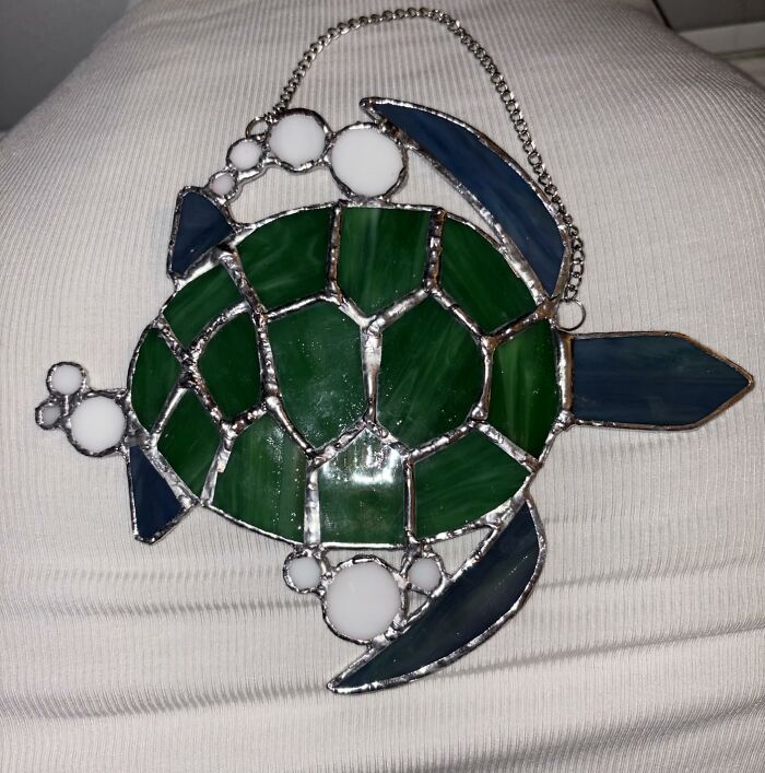 Stained glass sea turtle ornament featuring green and blue panels, perfect gifts for the friend from a Hobby Lobby isle. Stained glass sea turtle ornament featuring green and blue panels, perfect gifts for the friend from a Hobby Lobby isle.