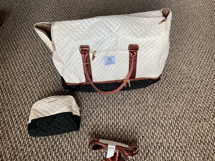 Quilted travel bag set with brown straps on carpet, stylish gift idea to impress mother-in-law and show coolness.