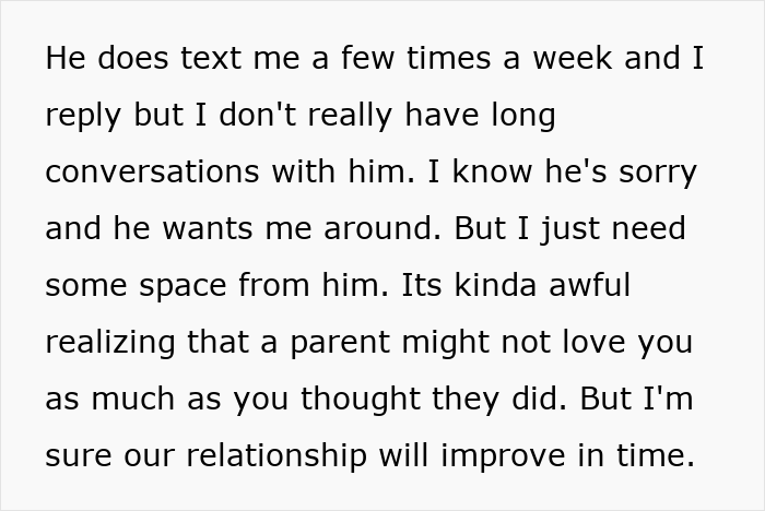 Text conversation expressing a teen's feelings of being upset and needing space due to perceived favoritism with a stepbro's car gift. Text conversation expressing a teen's feelings of being upset and needing space due to perceived favoritism with a stepbro's car gift.