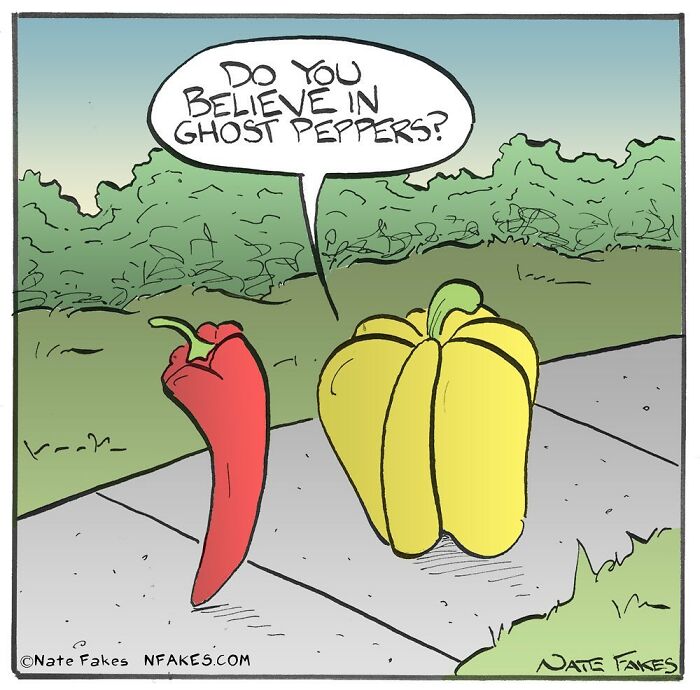 Comic by Nate Fakes showing a red chili pepper asking a yellow bell pepper if it believes in ghost peppers.