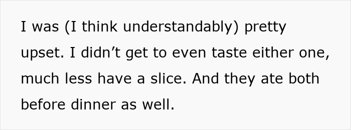Text excerpt showing a man upset that relatives gobble up his homemade pies behind his back before dinner.