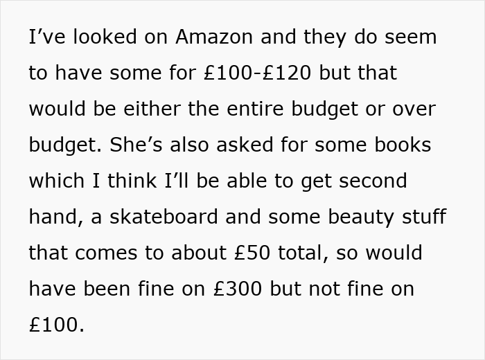 Text excerpt discussing budget concerns over Christmas gifts after man promises $400 per kid but changes mind. Text excerpt discussing budget concerns over Christmas gifts after man promises $400 per kid but changes mind.