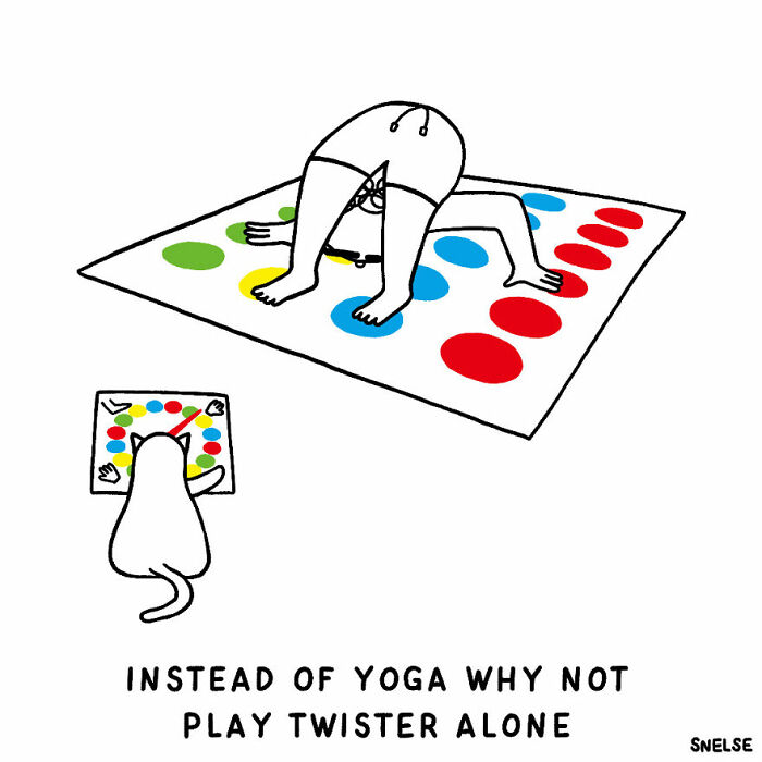 Minimalist comic illustration showing a person playing Twister alone with a cat, highlighting humor and creative illustrations.