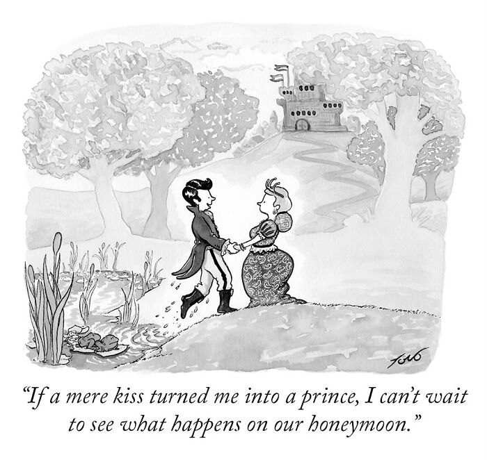 Witty one-panel comic by Tom Toro showing a prince and princess near a castle with humorous honeymoon caption.