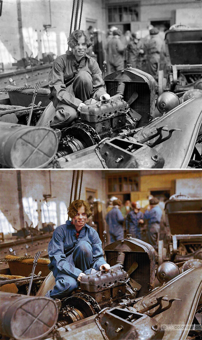 Young woman mechanic working on a vintage car engine in a workshop, artist colorizes old photos revealing history.