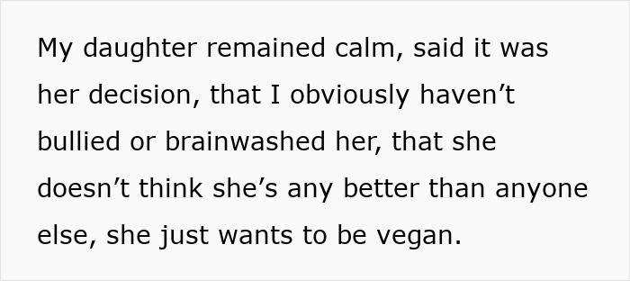 Text excerpt about a vegan teen staying calm while explaining her diet choice despite family negativity.