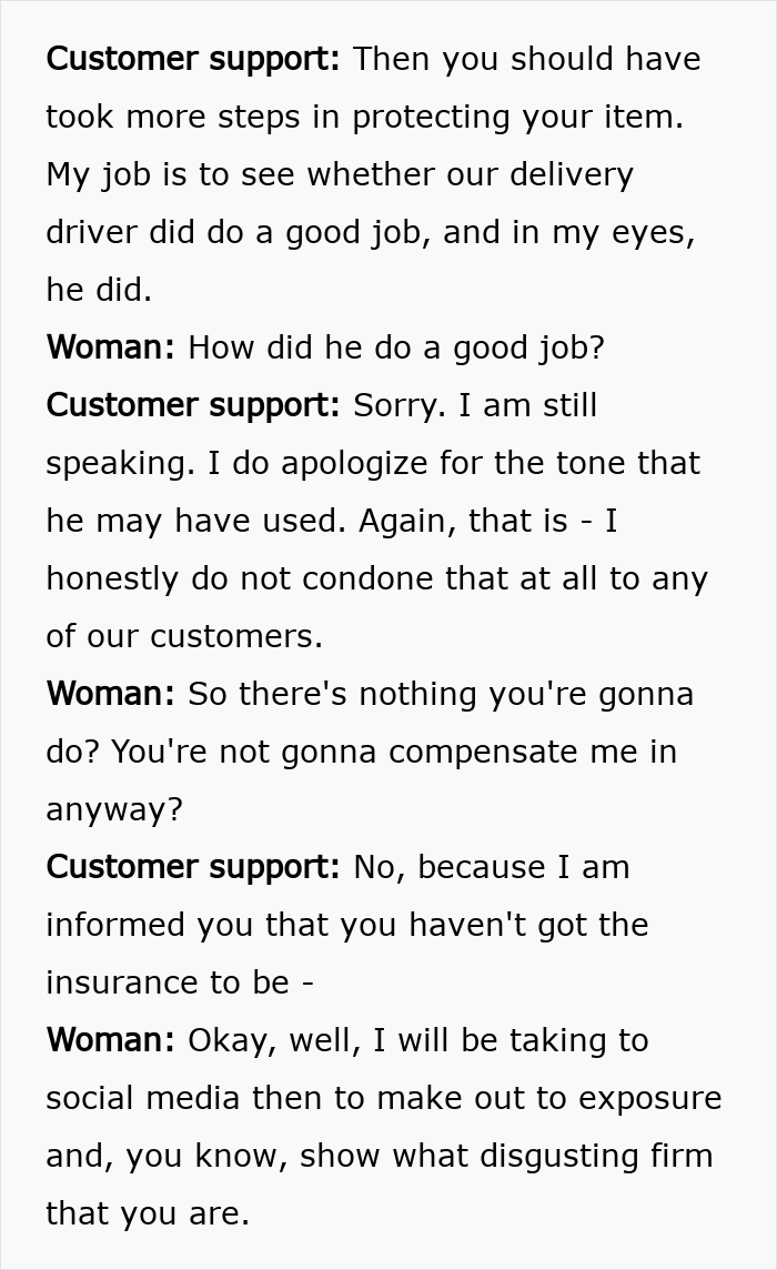 Customer support and woman dialogue about shattered Christmas gift and delivery driver footage dispute. Customer support and woman dialogue about shattered Christmas gift and delivery driver footage dispute.