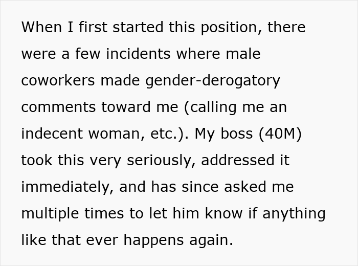 Text about male coworkers making gender-derogatory comments and conflicted coworker considering reporting him.