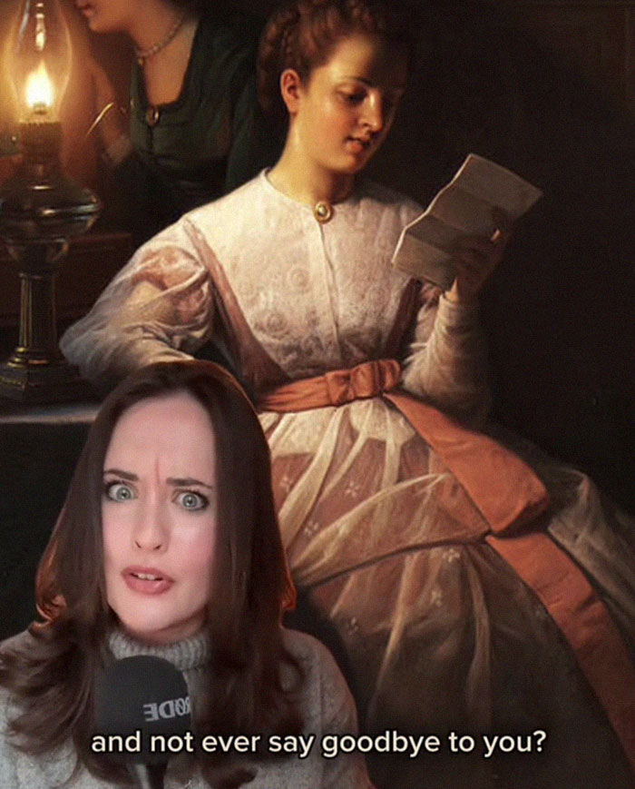 Woman reacting to a letter from the worst Victorian boyfriend with historical painting of a Victorian girl reading by lamplight. Woman reacting to a letter from the worst Victorian boyfriend with historical painting of a Victorian girl reading by lamplight.