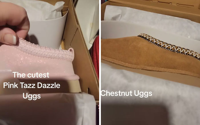 Pink Tazz Dazzle and Chestnut Uggs displayed in boxes as part of a Christmas gift haul for daughter backlash.