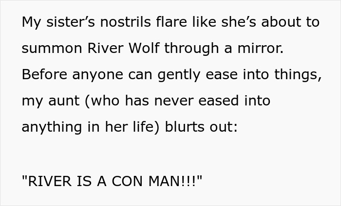 Text excerpt discussing sister’s barefoot spiritual advisor causing chaos and emotional fallout during Thanksgiving event.