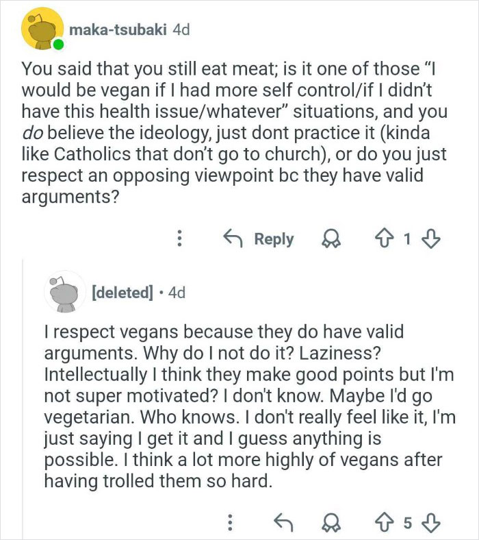 Online discussion showing ex-employee reflecting on veganism beliefs and respect for valid vegan arguments.