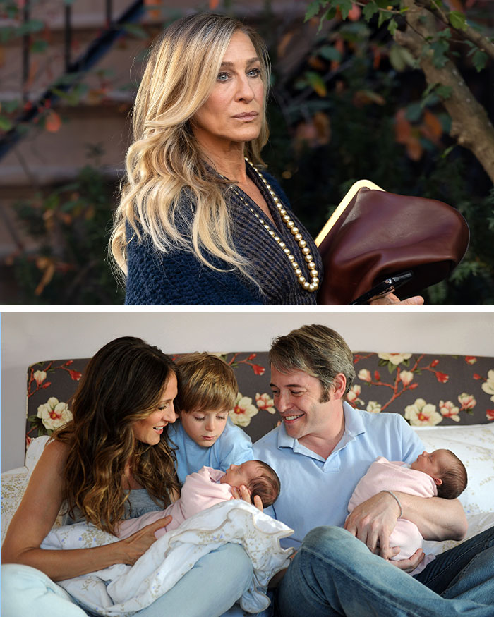 Actress walking outdoors with serious expression and a family happily holding babies, illustrating surrogacy backlashes.