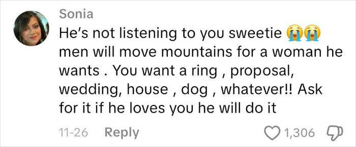 Screenshot of a social media comment about men moving mountains for a woman and proposals after 14 years together. Screenshot of a social media comment about men moving mountains for a woman and proposals after 14 years together.