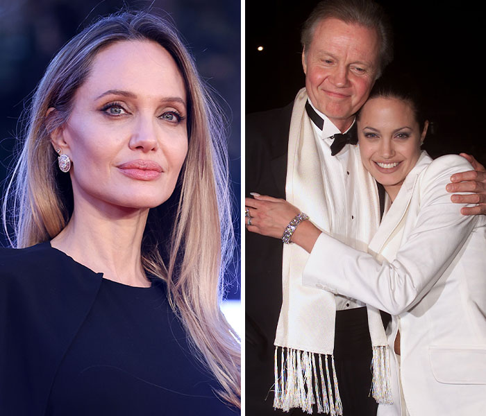 Angelina Jolie at an event, and a younger Angelina hugging an older man, illustrating nepo babies who parted from famous families.