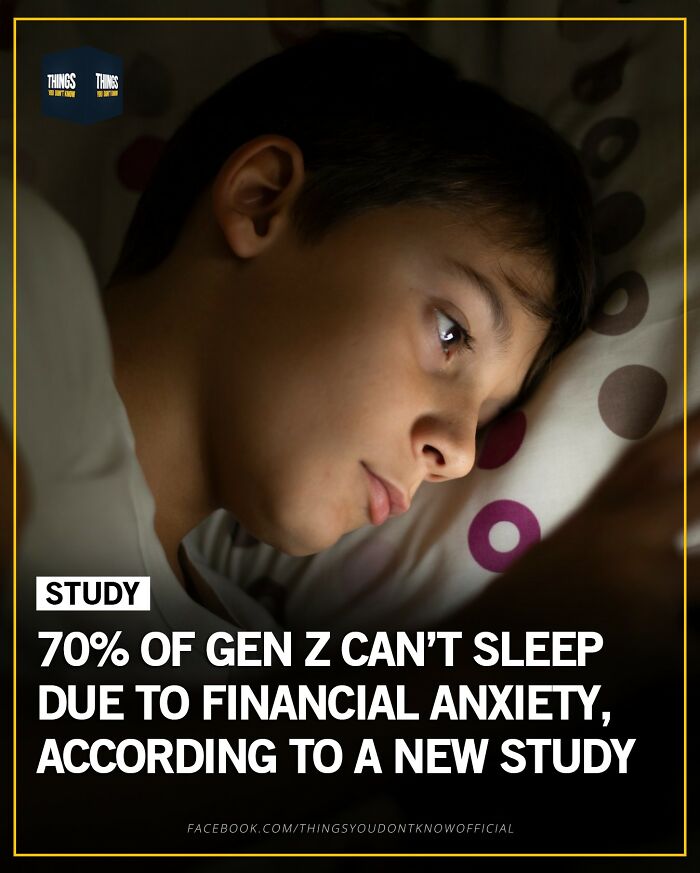 Teen lying awake in bed showing financial anxiety, a compelling fact to use as a conversation starter at a dinner party.