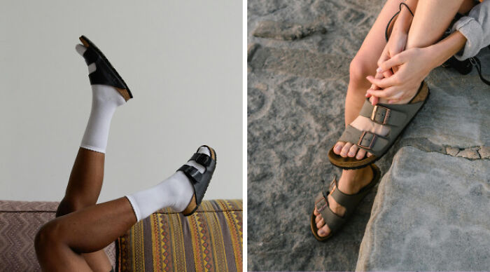 Side-by-side comparison of school uniforms with socks and sandals versus casual wear sandals on rocky ground.