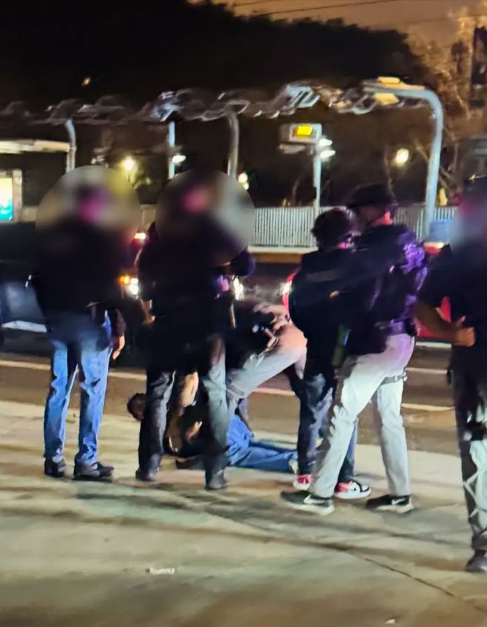 Police officers detaining a person on the ground at night, related to what Rob Reiner's son asked celebrities incident. Police officers detaining a person on the ground at night, related to what Rob Reiner's son asked celebrities incident.
