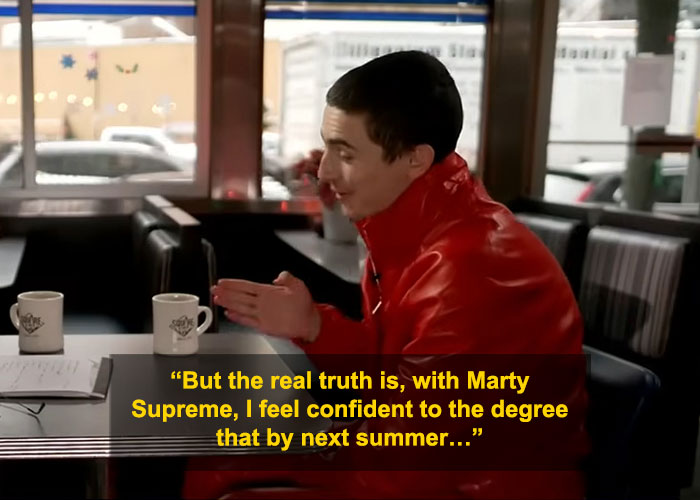 Timoth&eacute;e Chalamet in a red jacket during an interview, facing criticism for perceived arrogance and embarrassing moments.