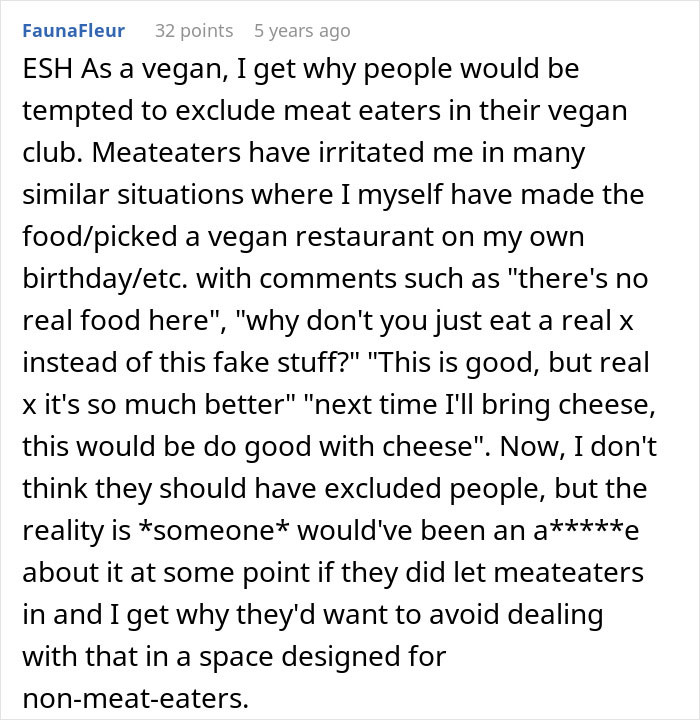 Comment discussing a vegan-only club conflict as an employee pushes back and starts beef over meat eaters’ exclusion.