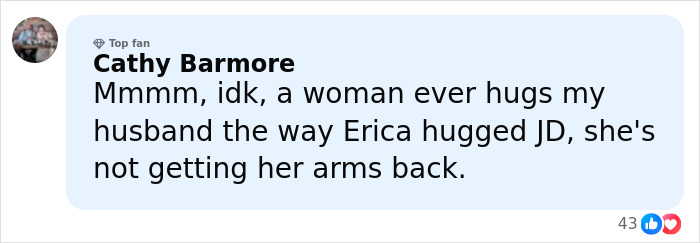 Commenter Cathy Barmore reacting to JD Vance and Erika Kirk’s hug amid marriage speculation online.