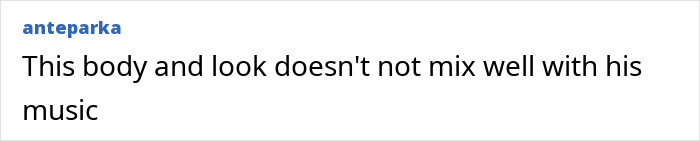 Comment reading "This body and look doesn't not mix well with his music" displayed in a plain text format.