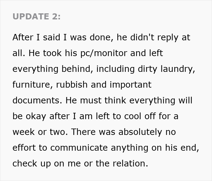 Screenshot of Update 2 text about partner leaving PC, laundry and documents, shocked reaction to racist gift Screenshot of Update 2 text about partner leaving PC, laundry and documents, shocked reaction to racist gift