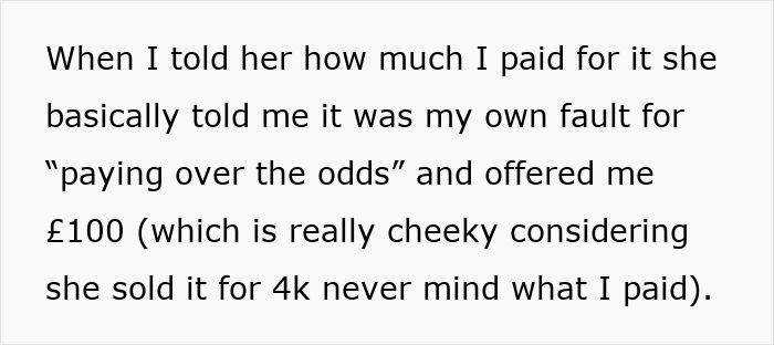Text on a white background describing a woman pawning a family heirloom ring and conflict after sister-in-law buys it back.