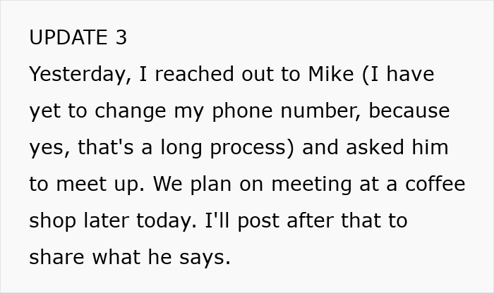 Text update about reaching out to Mike to meet at a coffee shop after learning groom cheated with bride's mom. Text update about reaching out to Mike to meet at a coffee shop after learning groom cheated with bride's mom.
