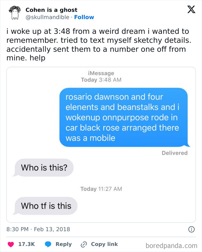 Screenshot of a funny wrong number text conversation with a confusing dream message and confused replies.